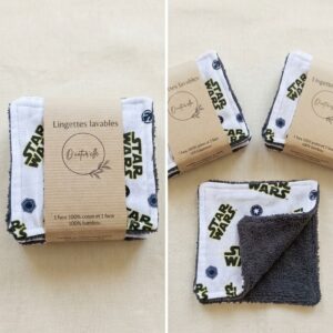 Lot de 10 lingettes lavables en coton imprimé Star Wars avec une face en éponge de bambou gris foncé, cousues à la main.