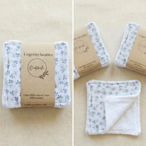 Lot de 10 lingettes lavables en coton fleuri avec une face en éponge de bambou blanc.