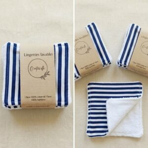 Lot de 10 lingette lavable en coton rayé blanc et bleu avec une face en éponge de bambou blanc.
