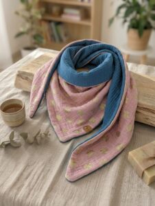 Écharpe chèche fait main rose poudré avec motifs feuillages dorés et doublure unie bleu canard.