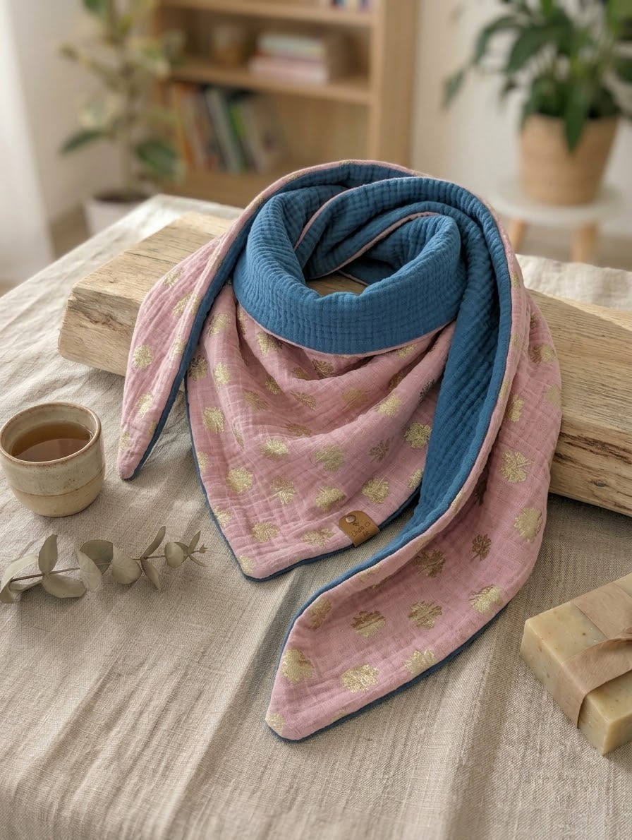 Écharpe chèche fait main rose poudré avec motifs feuillages dorés et doublure unie bleu canard.